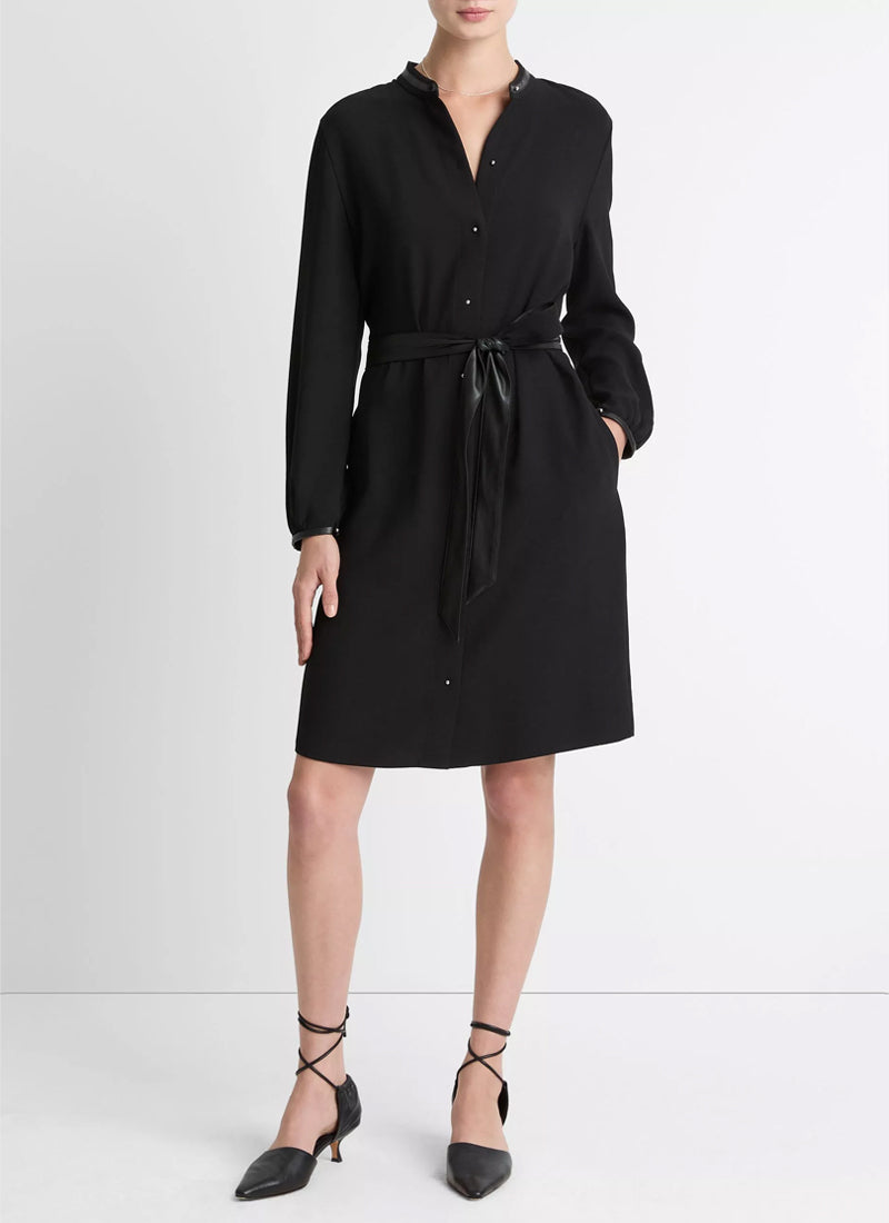 Faux-Leather-Trim Crepe Shirt Dress by Vince | Andrews