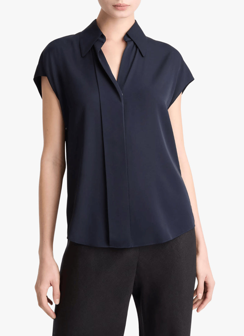 トップス HATRA blouse navy Stretch-Silk Hidden-Placket Cap-Sleeve Blouse by Vince | Andrews