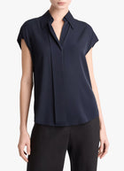 Vince Stretch-Silk Hidden-Placket Cap-Sleeve Blouse