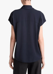 Vince Stretch-Silk Hidden-Placket Cap-Sleeve Blouse
