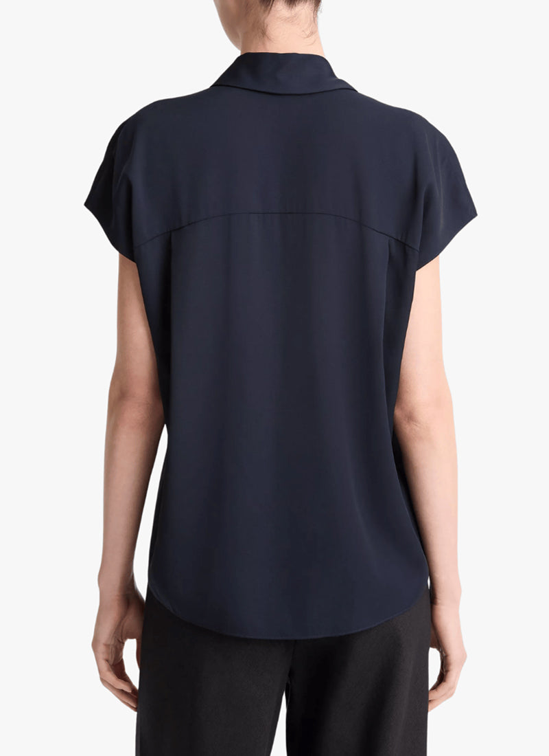 Vince Stretch-Silk Hidden-Placket Cap-Sleeve Blouse