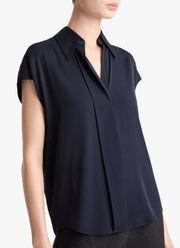 Vince Stretch-Silk Hidden-Placket Cap-Sleeve Blouse
