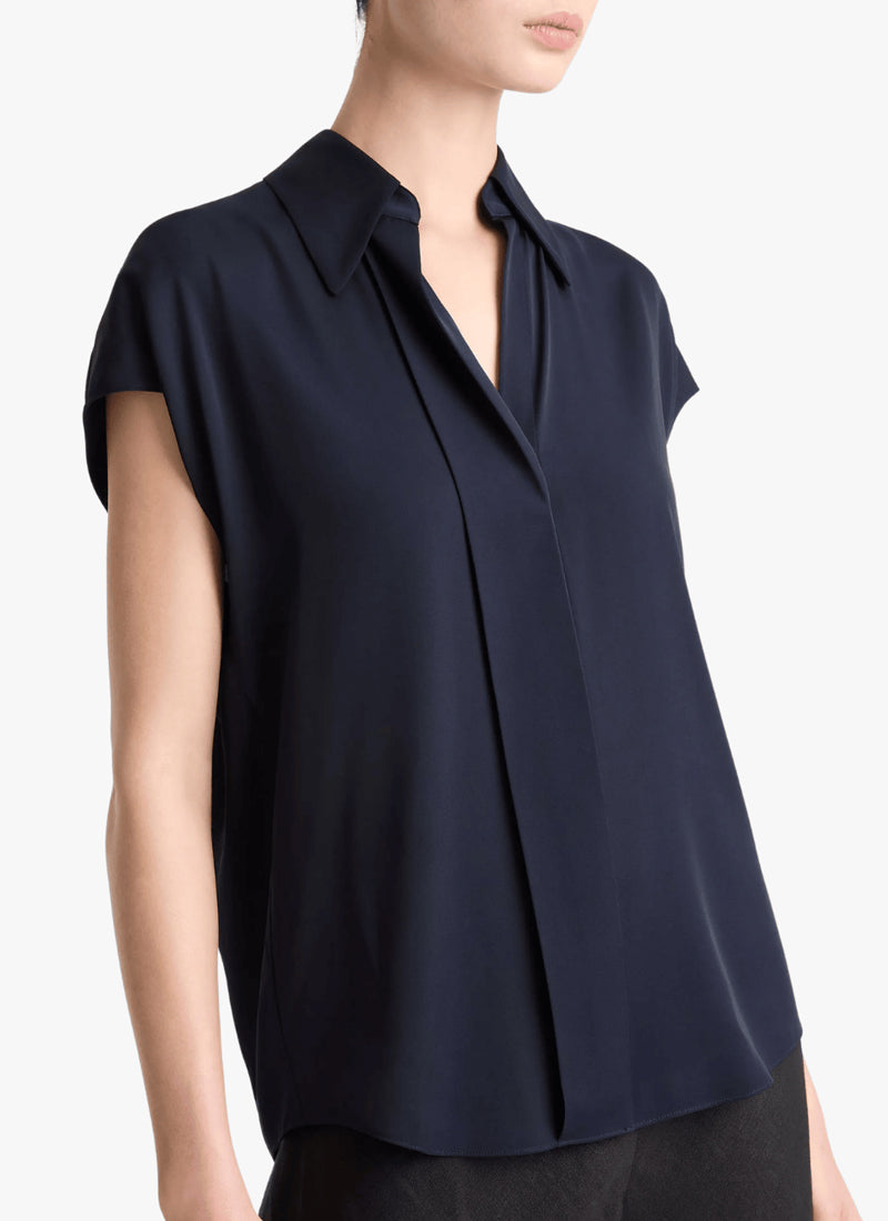 Vince Stretch-Silk Hidden-Placket Cap-Sleeve Blouse