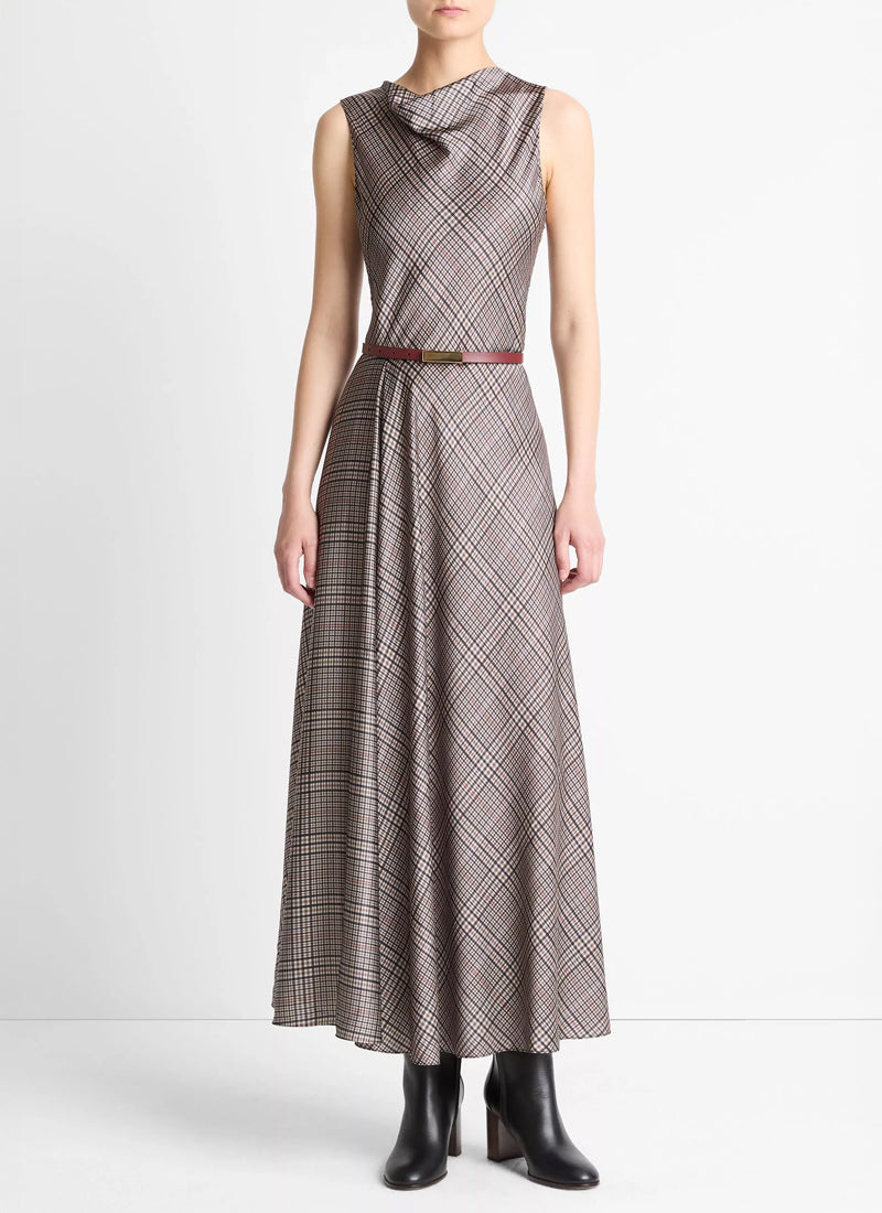 Vince Pressed Plaid Cowl Neck Dress