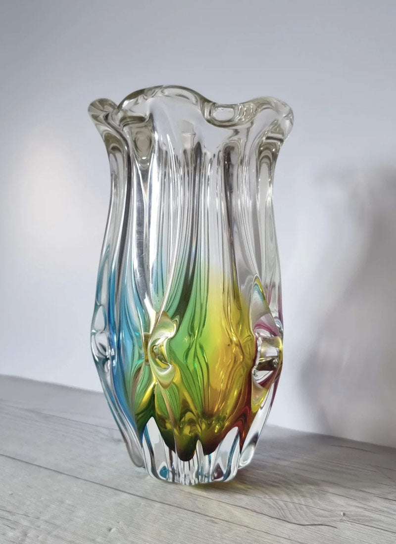 Haute Curature Sanyu Glassworks Narumi Rainbow Sommerso Gathered Pleats Statement Vase, 60s-70s
