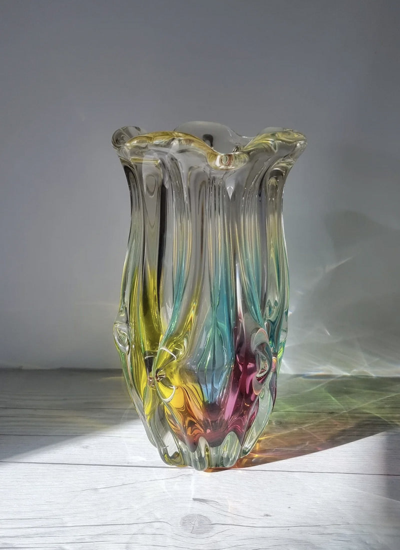 Haute Curature Sanyu Glassworks Narumi Rainbow Sommerso Gathered Pleats Statement Vase, 60s-70s