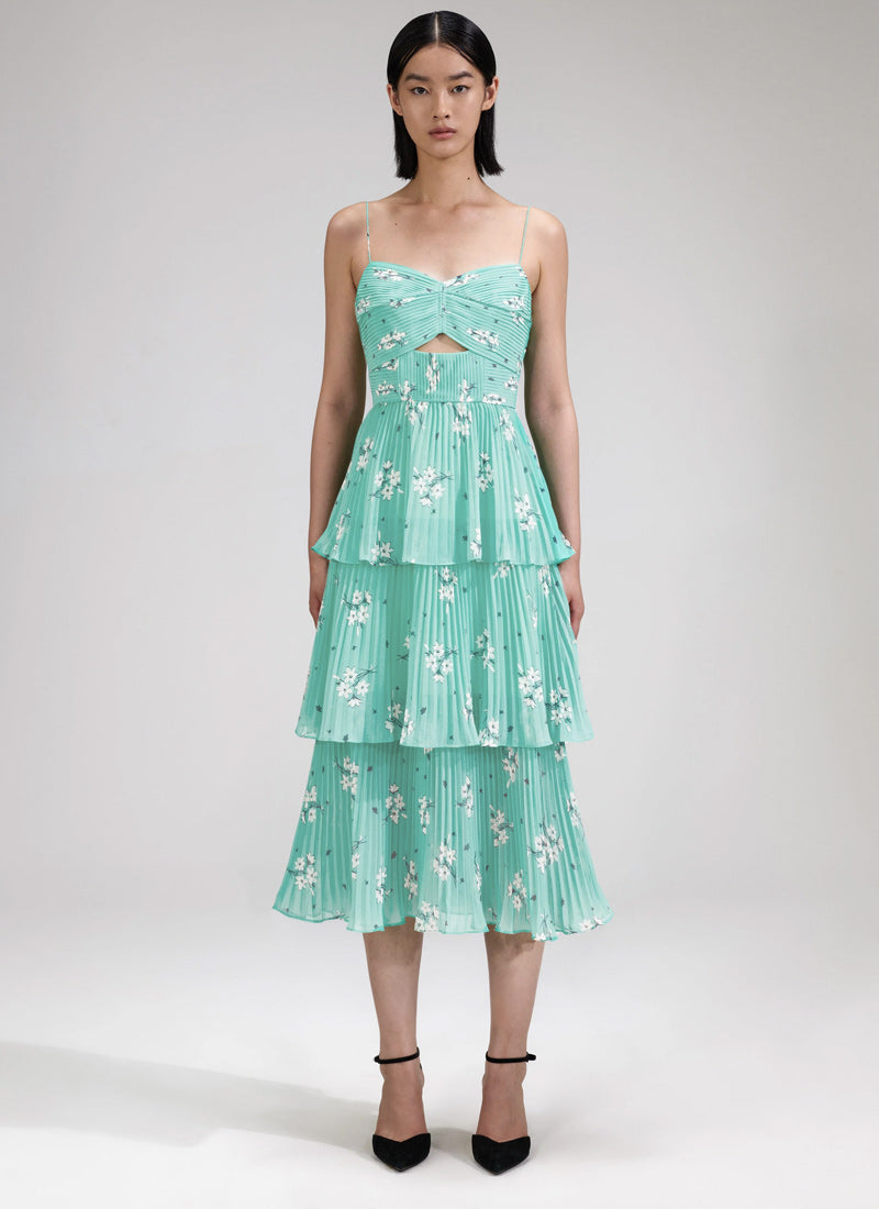 Self-Portrait Blue Floral Tiered Chiffon Midi Dress