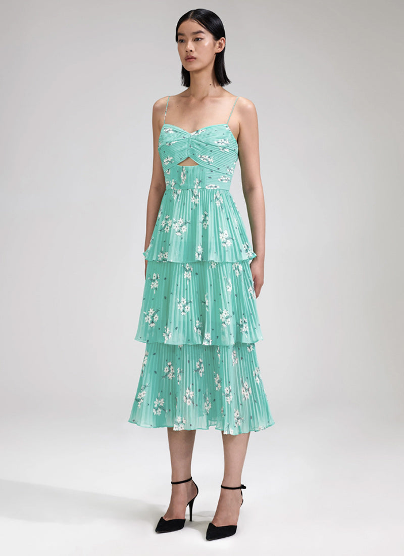 Self-Portrait Blue Floral Tiered Chiffon Midi Dress