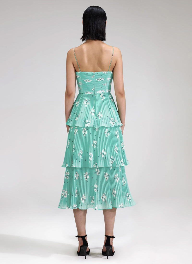 Self-Portrait Blue Floral Tiered Chiffon Midi Dress